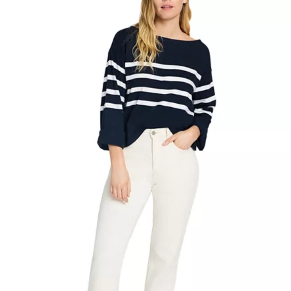 FAHERTY Cotton Sport Jersey Tee Strriped Navy White Size Medium Flared Sleeve